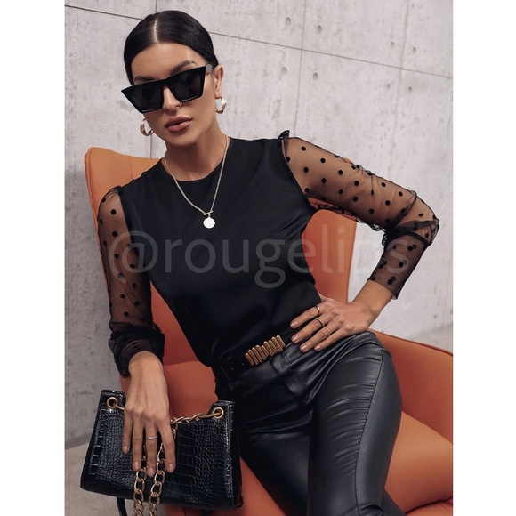 Black Sheer Mesh Detail Polka Dot Shirt Long Sleeve Top - Picture 2 of 7